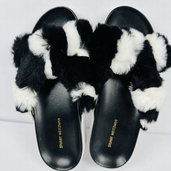 Stuart Weitzman Shoes - Stuart Weitzman Sublime Sandal Black White Rex Rabbit Fur Size 38 US 7.5 M NIB